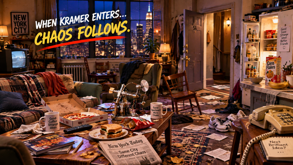 Kramer brings chaos to a classic 1990s New York sitcom apartment