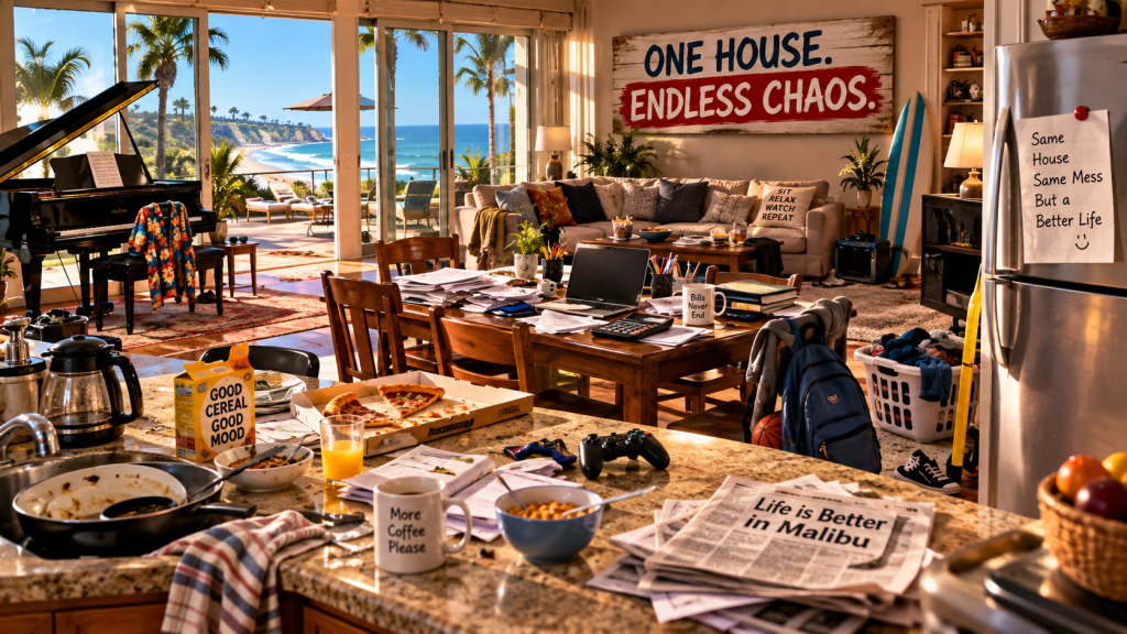 One house endless chaos in a Malibu sitcom family home