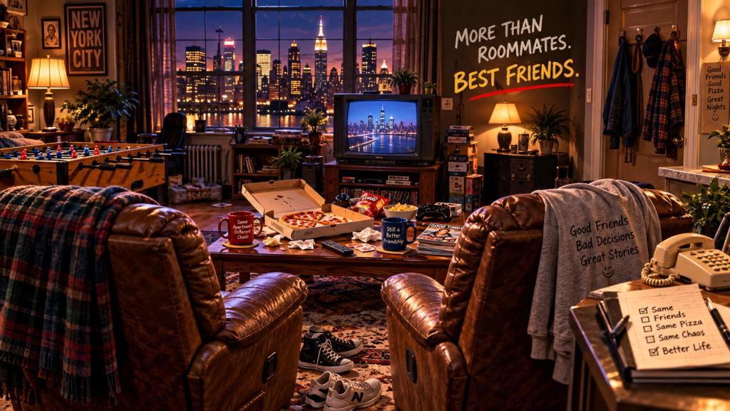 Joey and Chandler friendship represented by two roommates in a nostalgic New York apartment