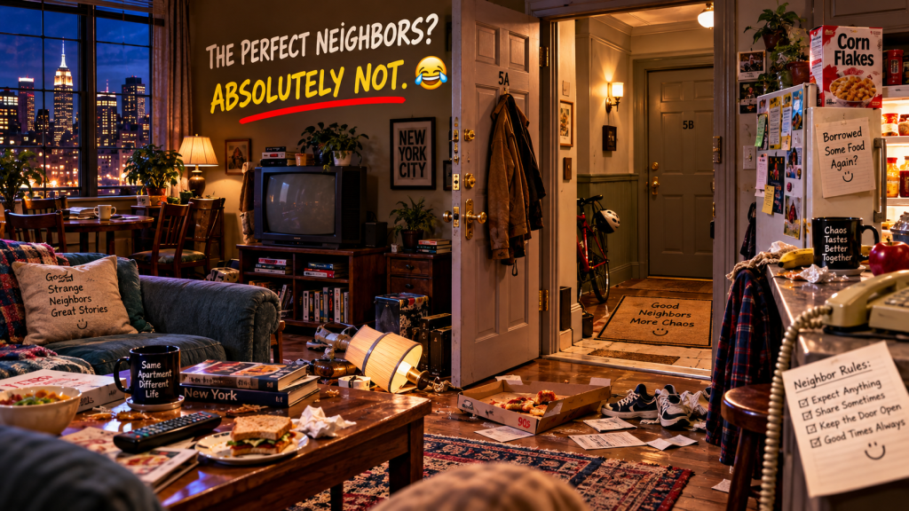 Jerry and Kramer chaotic neighbor relationship in a 1990s New York sitcom apartment