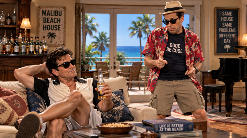 Alan trying to live like Charlie in a Malibu beach house comedy scene